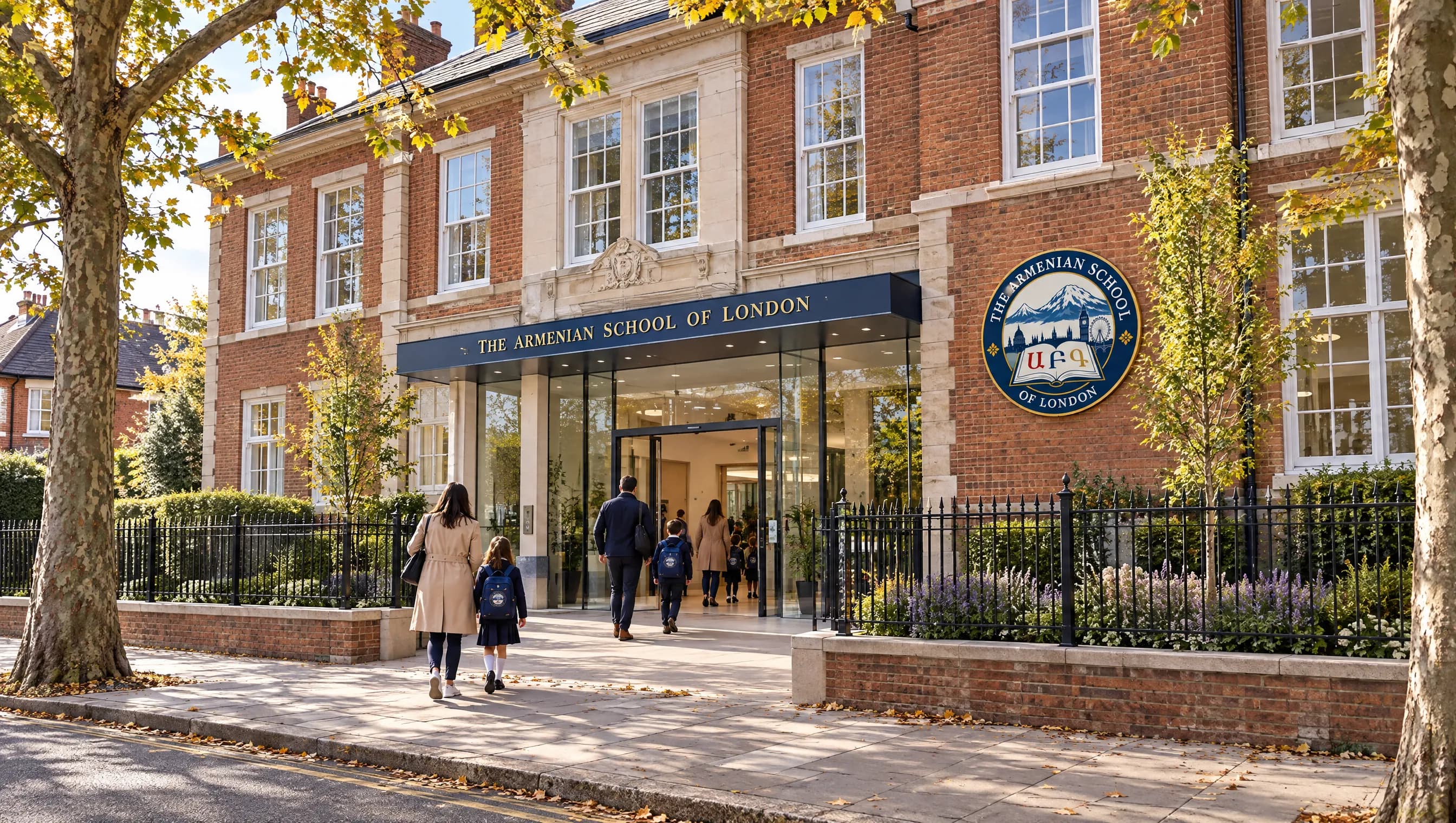 Concept visualisation of the planned school: a red-brick building on a leafy Ealing street with the school badge beside the glazed entrance