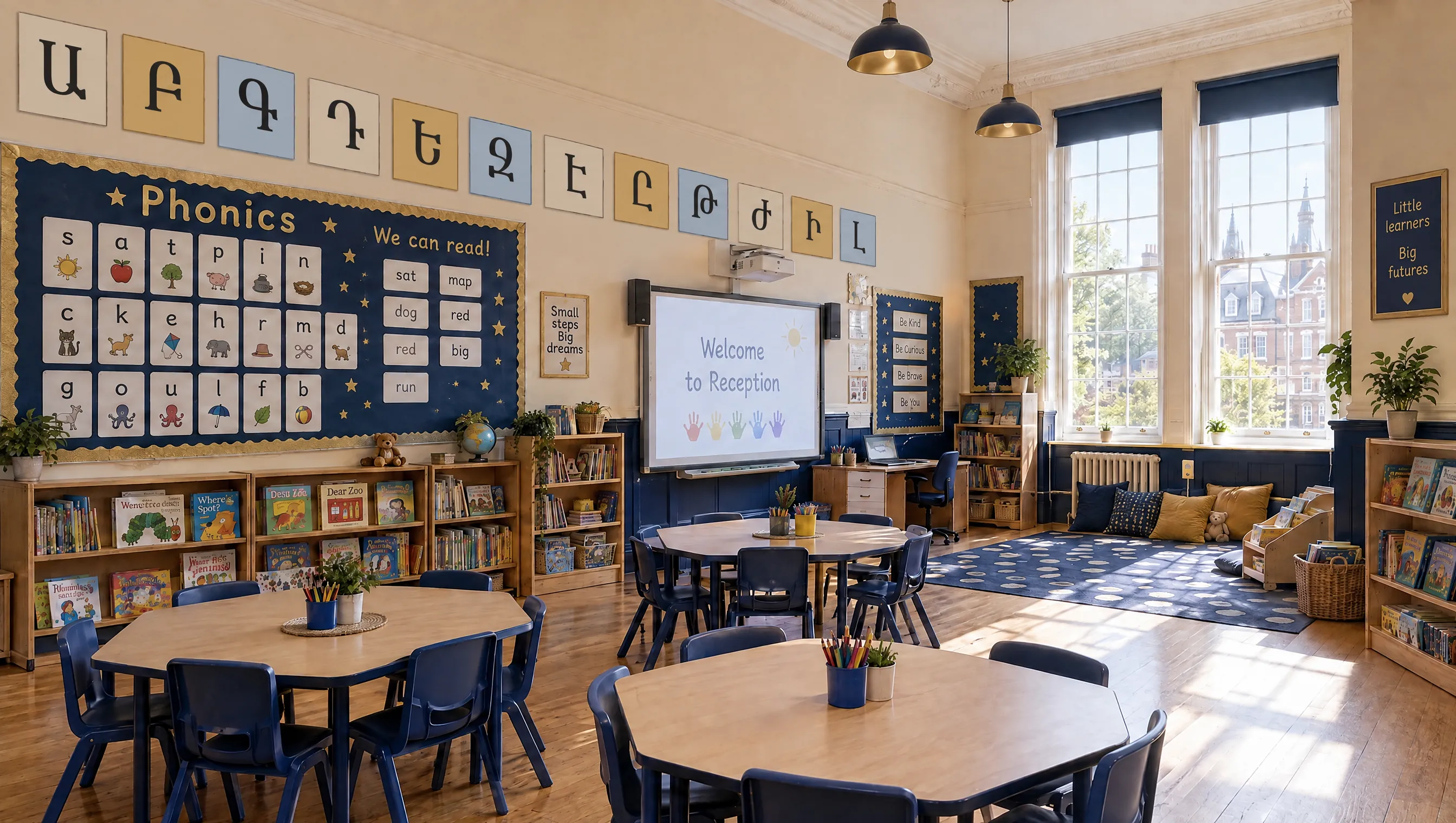 Concept visualisation of a Reception classroom with an Armenian alphabet frieze above an English phonics board