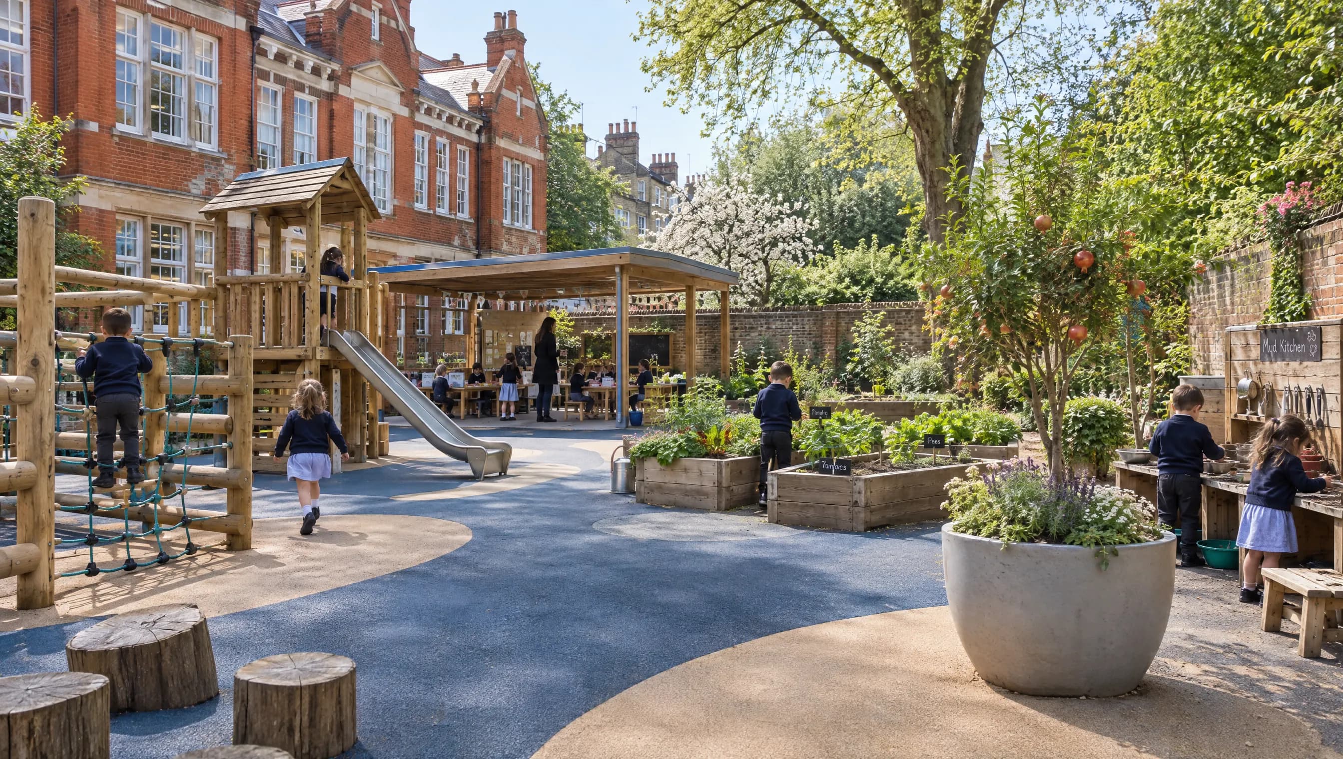Concept visualisation of a playground with a climbing frame, raised beds and a pomegranate tree