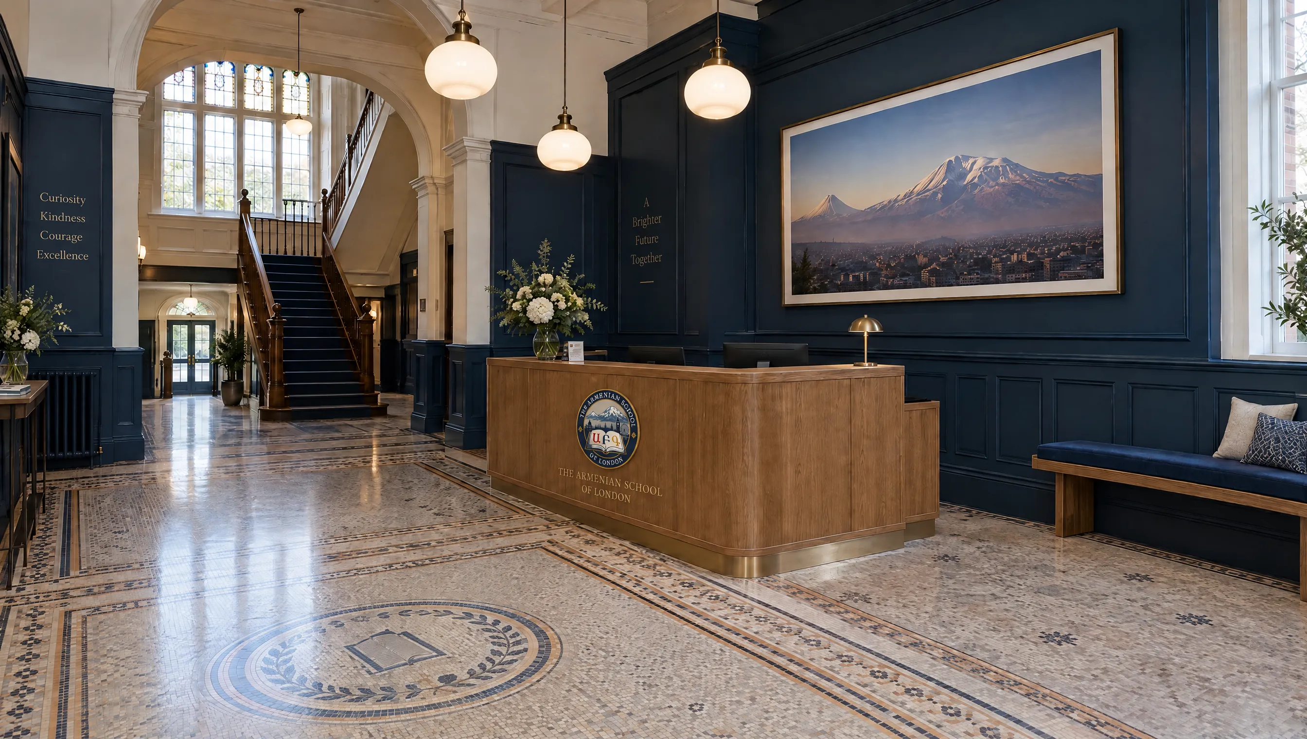 Concept visualisation of the entrance hall with a mosaic floor, a reception desk bearing the school badge and a large photograph of Mount Ararat